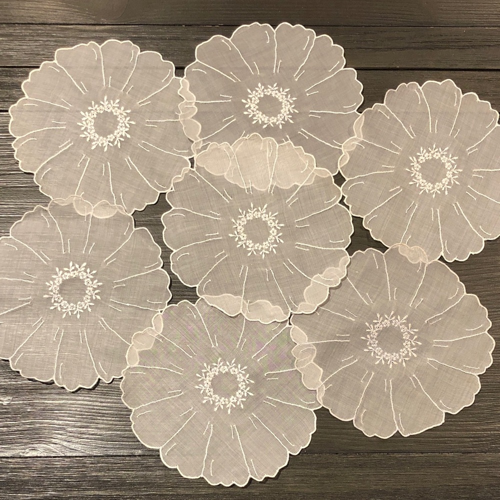 White Sheer Embroidered Floral Doilies– Set of 7